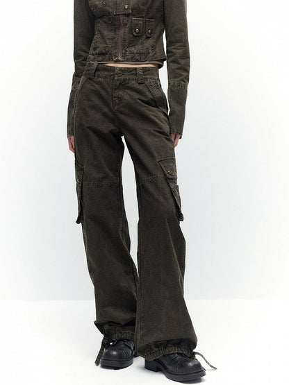 Coffee Straight Leg Cargo Pants with Drawstring Cuffs - Low pixel
