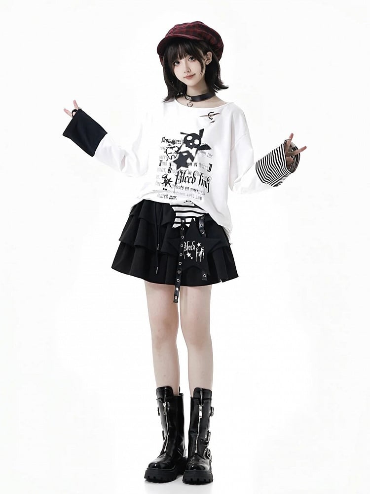 Distressed Zipper Print with Holes White Top and Long Cuffs Sleeve Rock