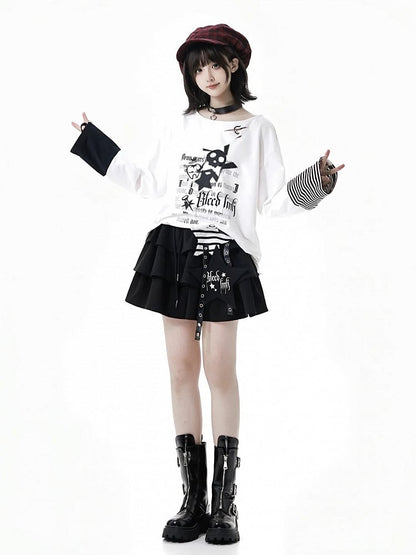 Distressed Zipper Print with Holes White Top and Long Cuffs Sleeve Rock