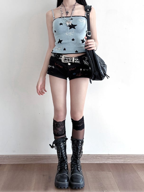 Gestreifter Schal Y2K Blaues Cami-Top mit Stern- und Schleifendruck