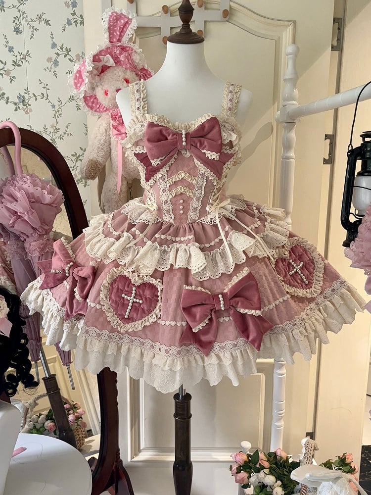 Robe Sweet Lolita rose avec nœuds et jupe en cœur