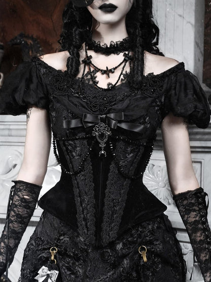 Patch Black Boning Corset Bassire-Inspired Goth Velvet with Lace