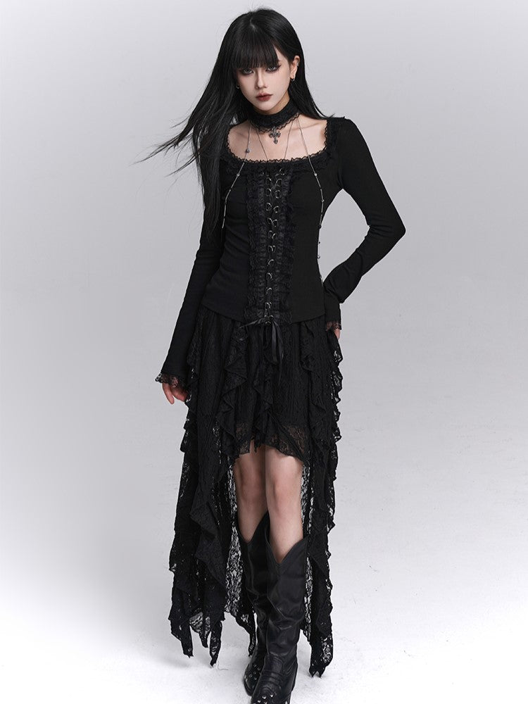 Hem High-Low Skirt Black Gothic Halloween Cascading Asymmetrical with Ruffle