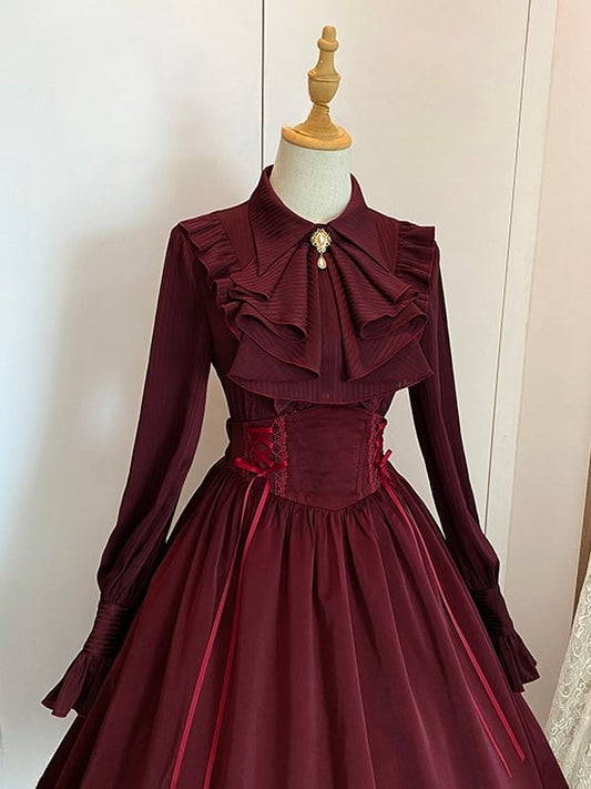 Striped Jabot Flat Fabric Sleeves Collar Red Pointed Shirt Long