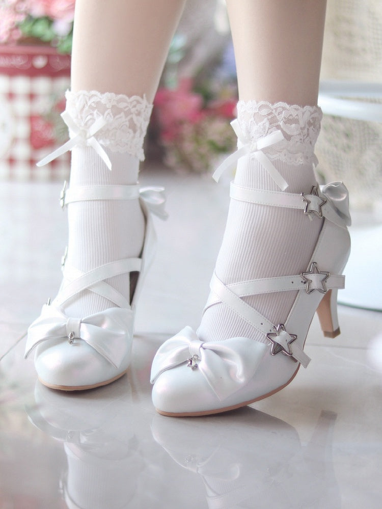 Star High White Sweet Lolita Buckles Crisscross Straps with - Accents Heels Bow