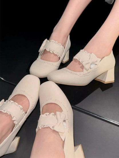 Block Scalloped Apricot Lolita Decor with Design Janes Heel - Details High Bow Mary Slip-On Trim