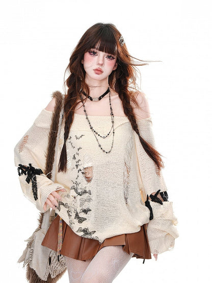 Apricot Off-the-shoulder Neckline Butterfly Distressed Holes Knitted Top