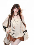 Distressed Holes Butterfly Knitted Top Neckline Apricot Off-the-shoulder