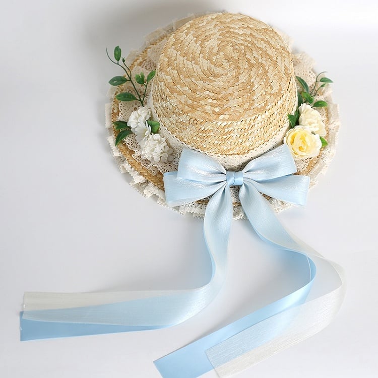 Hydrangea Bowknot Colors Straw Kei Lolita With Hat Lace Detachable Mori 4 Country