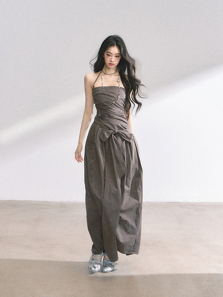 Pink/Graues Neckholderkleid mit Rüschendesign und Schleife zum Selbstbinden