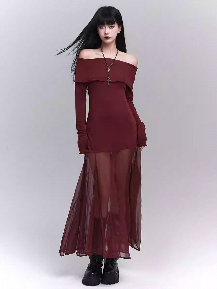 Wine Red Semi-sheer Off-the-shoulder Neckline Glamorous Dress