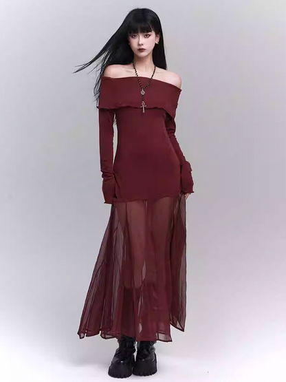 Wine Red Semi-sheer Off-the-shoulder Neckline Glamorous Dress