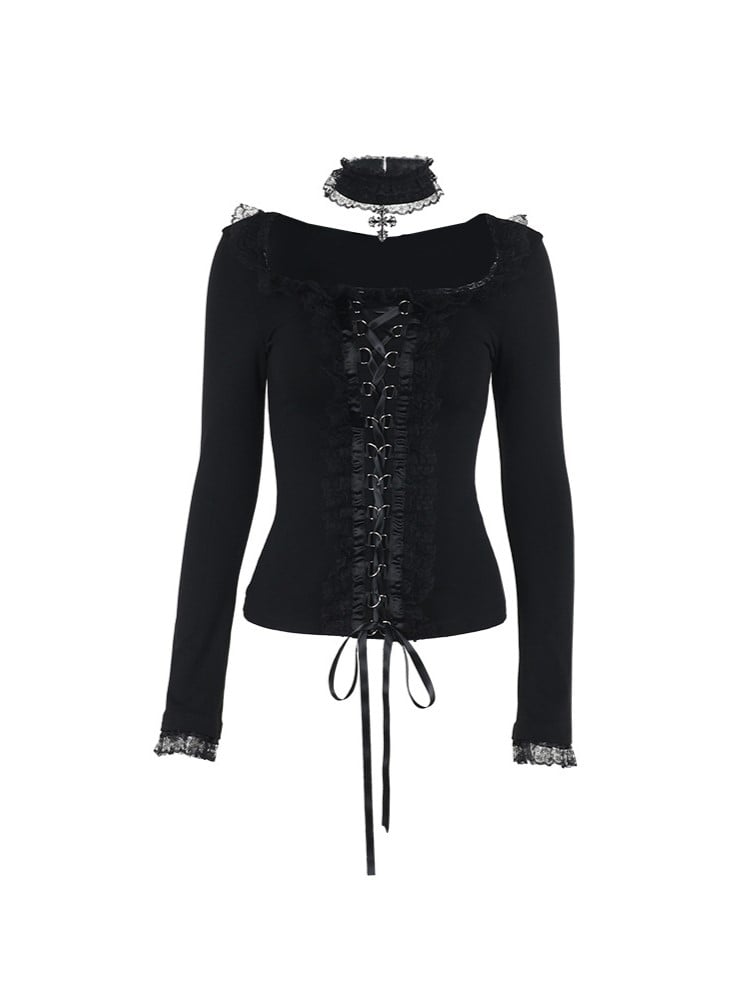 Crisscross Choker Black Gothic Trim with Lace-Up Top Lace Front Halloween Matching