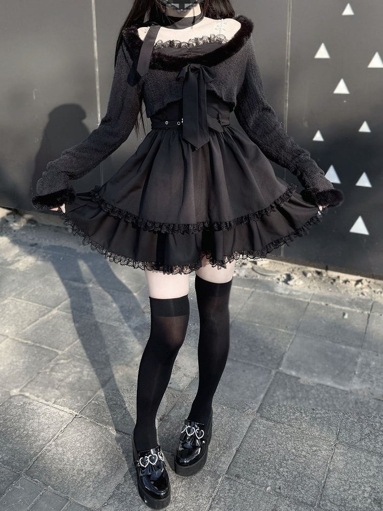 Black Cami Fuzzy Layered Long Top under Collar Belt Style Landmine Sleeve Dress Set: Heart +