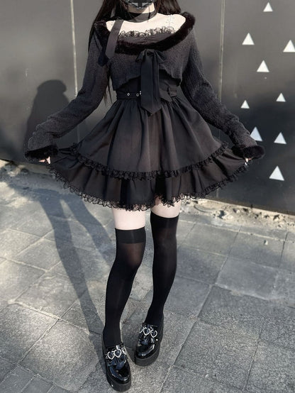 Black Cami Fuzzy Layered Long Top under Collar Belt Style Landmine Sleeve Dress Set: Heart +