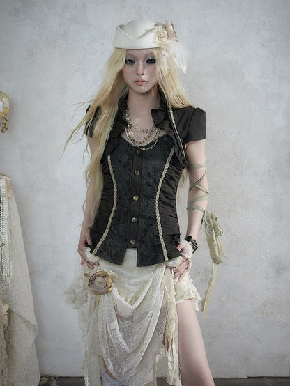 Punk Army Green Faux Two-Piece Short Sleeve Blouse with Lace and Ruffle Trim - NO ROMANCE