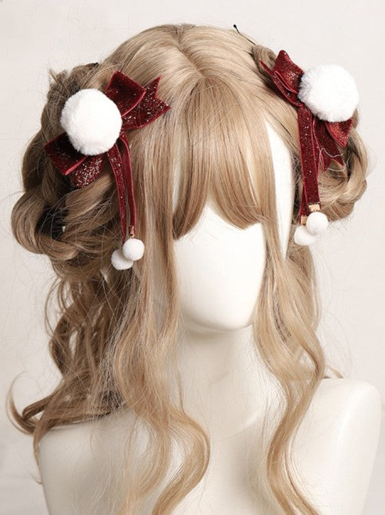 Sweet Lolita Red Velvet Glitter Bowknot Pom-Pom Hairclip