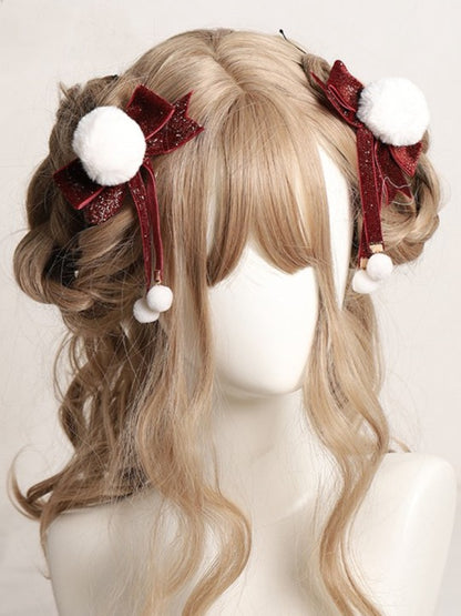 Sweet Lolita Red Velvet Glitter Bowknot Pom-Pom Hairclip