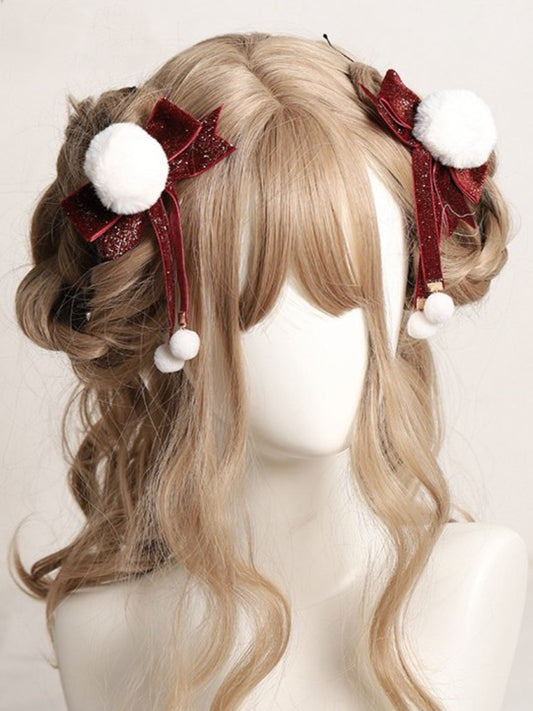 Sweet Lolita Red Velvet Glitter Bowknot Pom-Pom Hairclip