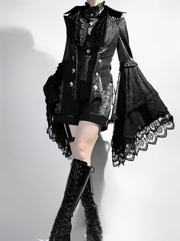 Lolita Ouji All Sleeves Tail Set Fashion Long Bell - Hemd + Weste Schwarz Gothic