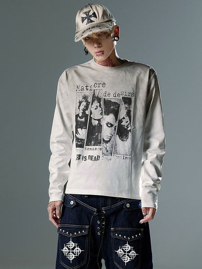 Vintage White Portrait Print Round Neck Punk Top - DETW OnLine