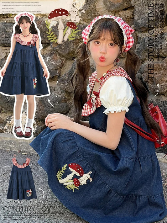 Hase und Pilz Stickerei Rot Marineblau Ärmelloses Kleid Ausschnitt Plaid
