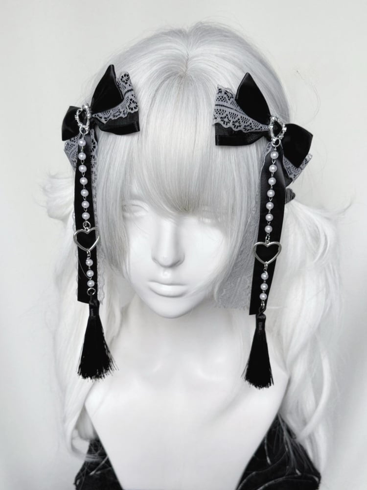 Akzente Haarspangen mit Perlenkette Jirai Kei Farben Spitze Schleife Strass 3