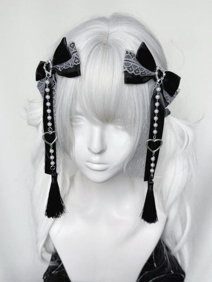 Akzente Haarspangen mit Perlenkette Jirai Kei Farben Spitze Schleife Strass 3