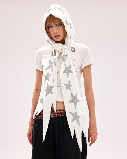 Schwarz/weiße Mütze und Schal mit Stern-Strasssteinen in einem