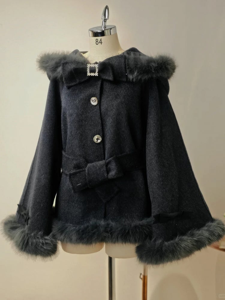 Clean & Innocent Black Jirai Kei Wool Cape Coat - Detachable Bunny Ears & Plush Edge Detailing