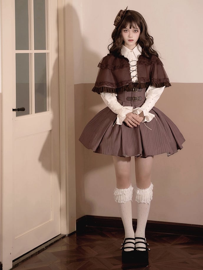 Classic Lolita Short JSK Set with Shirt and Accessories in Brown