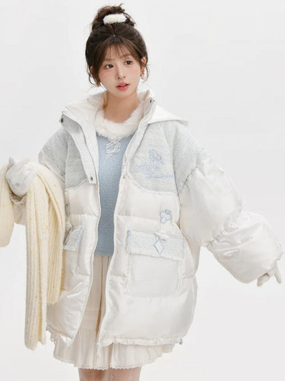 Alice in Wonderland Alice Tweed Patchwork White Hooded Down Jacket