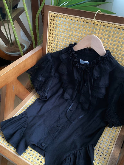 Comfortable Shirt Neckline Black Puff Sleeves Breathable Short Ruffle and