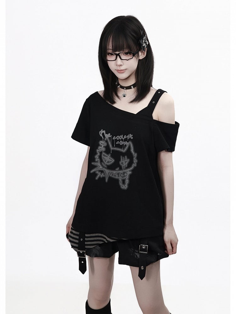 Black Asymmetrical Shoulder Short-Sleeve Tee with Cat Graffiti - PINK SAVIOR