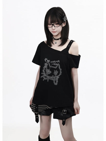 Black Asymmetrical Shoulder Short-Sleeve Tee with Cat Graffiti - PINK SAVIOR