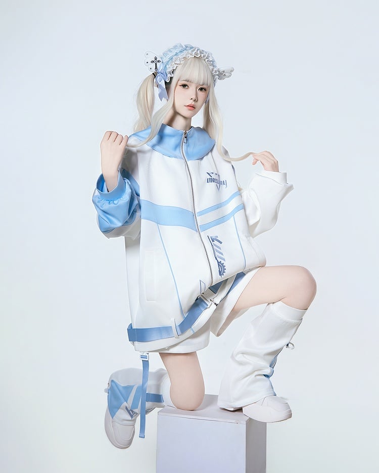 Blue Embroidered White Kaiwai Tenshi Cyberpunk Warmers Leg