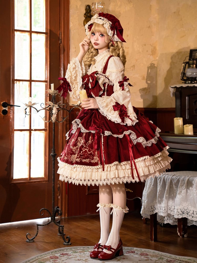 Stickerei Samtkleid Lolita / Rote Dekoration Kerze JSK Schleifen