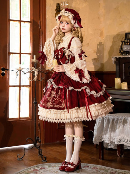 Stickerei Samtkleid Lolita / Rote Dekoration Kerze JSK Schleifen
