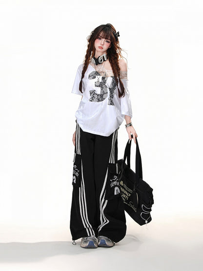 Black Lace Number Design White Asymmetrical Neckline Lace Patches Neckline Loose T-Shirt