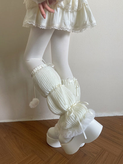 Ribbon Knitted Pom-Pom White/Black Plush-Trimmed Decorations and with Warmers Leg