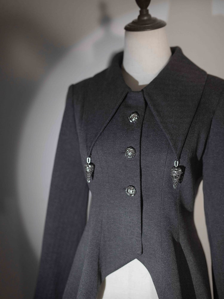 Dunkelgrauer Gothic Lolita Mantel mit flachem Kragen und hohem, niedrigem Saum