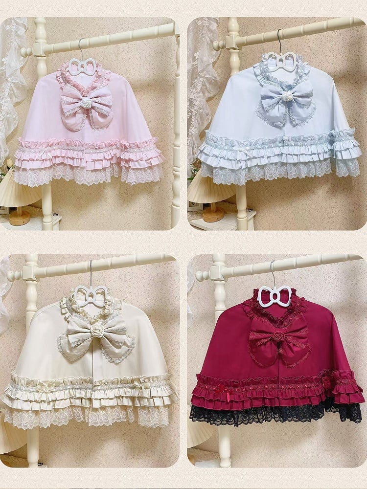 and Red Wine Beige Ruffle / Blue Accent Lace Cape Pink