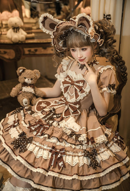 Eine Schleife Rüschen Lolita Sweet Bunny Thema Kleid braun Akzente Stück Prinzessin