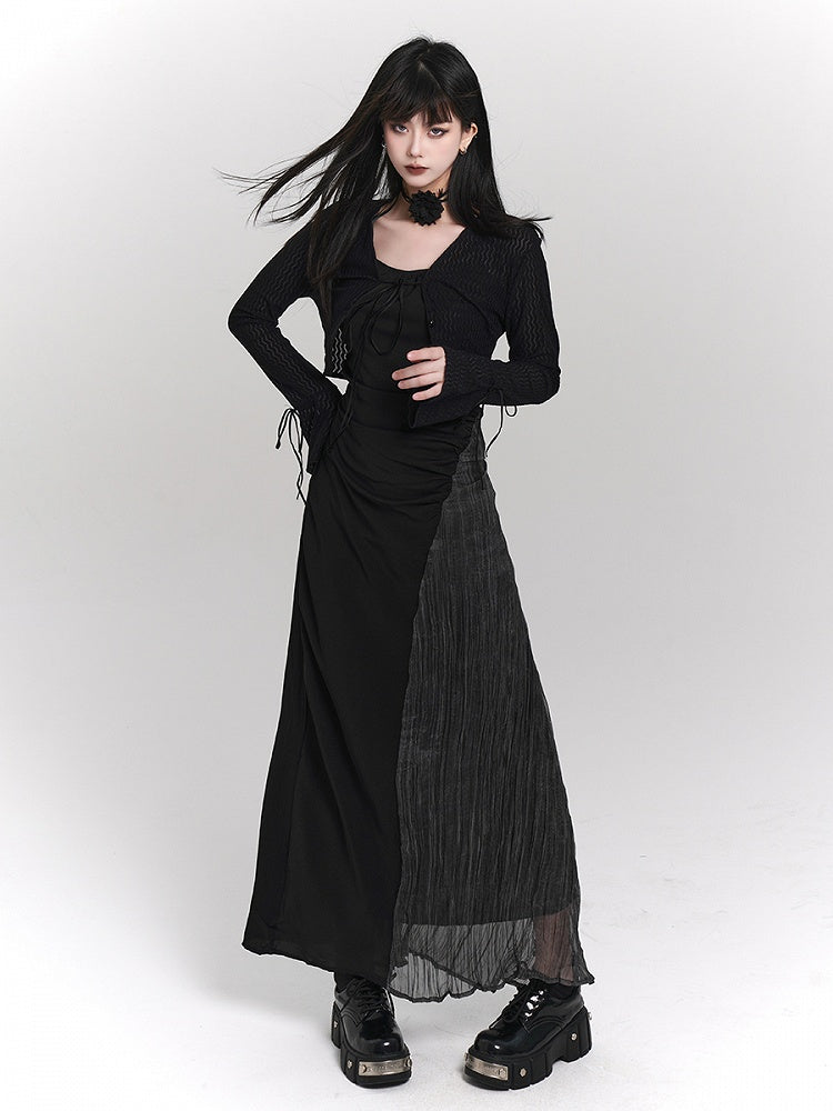 Cardigan Cropped Tie-Front Tie Details Gothic with Wrist Black