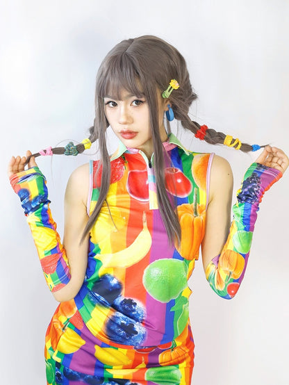 ファッションギャルスリーブフルーツカラフルプリントベスト