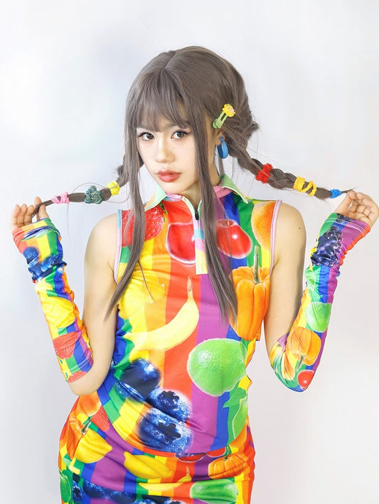 ファッションギャルスリーブフルーツカラフルプリントベスト