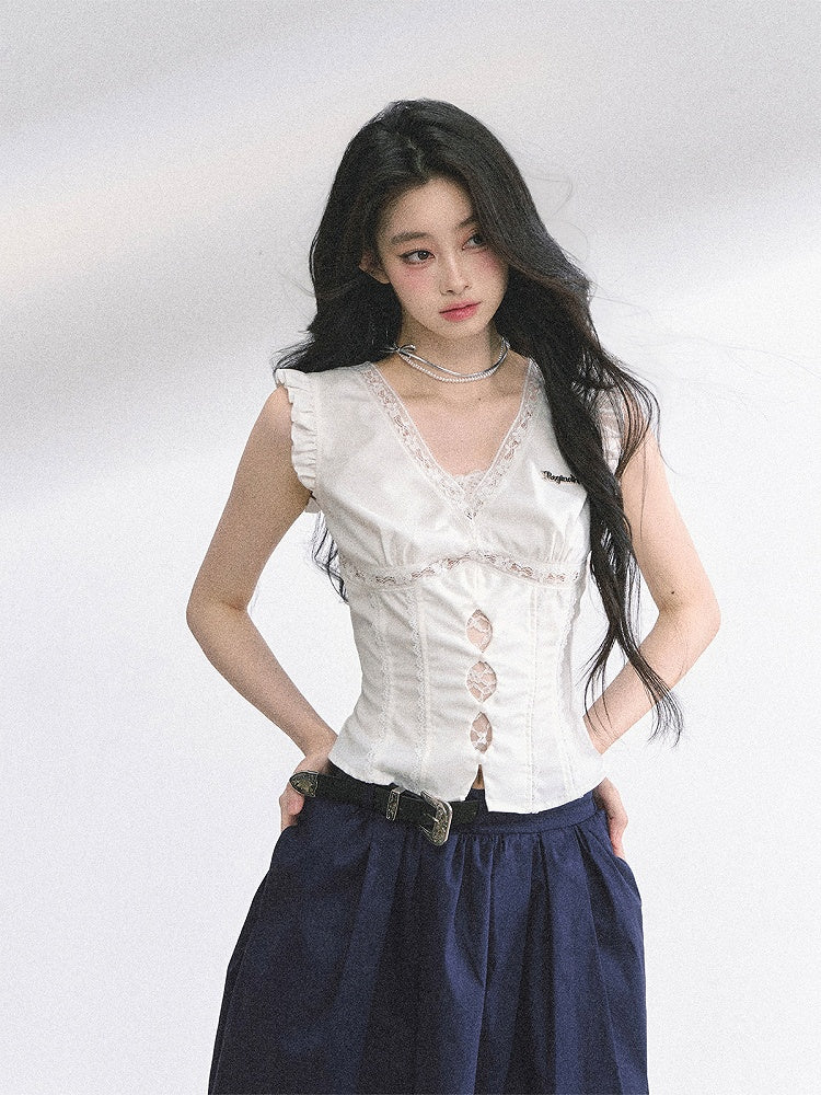 Lace White V-neck Cutout Details Patches Flutter Sleeves Top