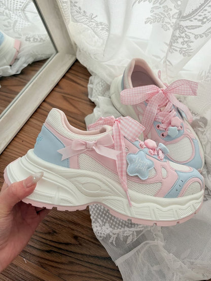 Sneakers Lolita Pink Pattern Plaid Sweet - Lace-Up Blue Closure