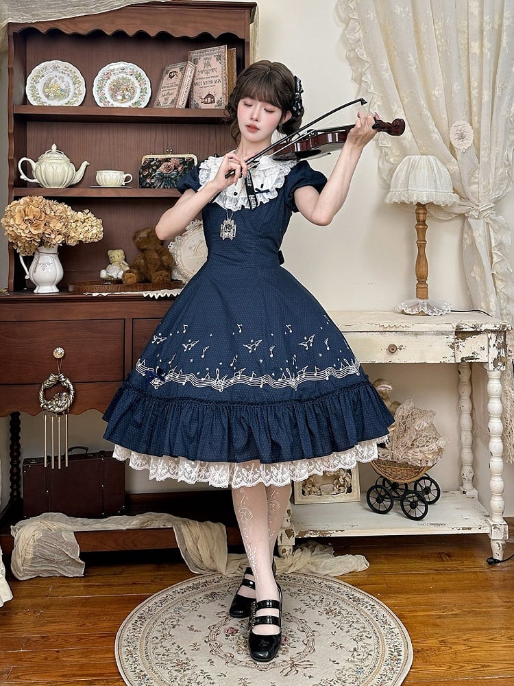 Dark Blue Polka Dot Embroidered Lolita Dress with Music Note Motif and Multi-Panel Cut - Surface Spell