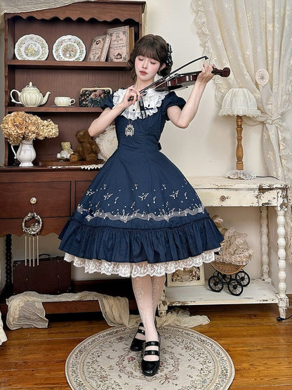 Dark Blue Polka Dot Embroidered Lolita Dress with Music Note Motif and Multi-Panel Cut - Surface Spell